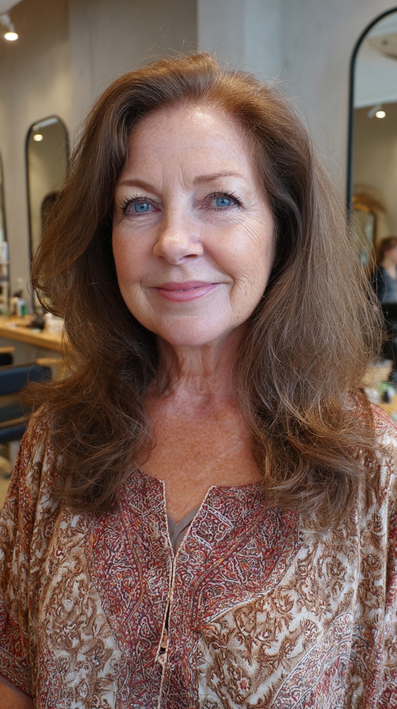 Brushed-Out Chestnut Mid-Length Layers with Rounded Ends and Root Volume