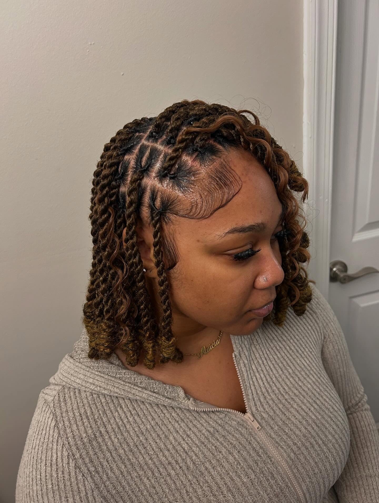 Caramel-Tipped Medium Two-Strand Twists with Defined Grid Parting