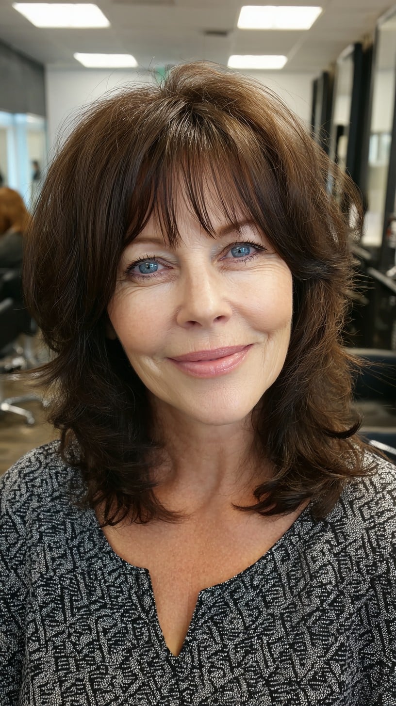 Chestnut Layered Shag with Brow-Grazing Wisps and Crown Lift