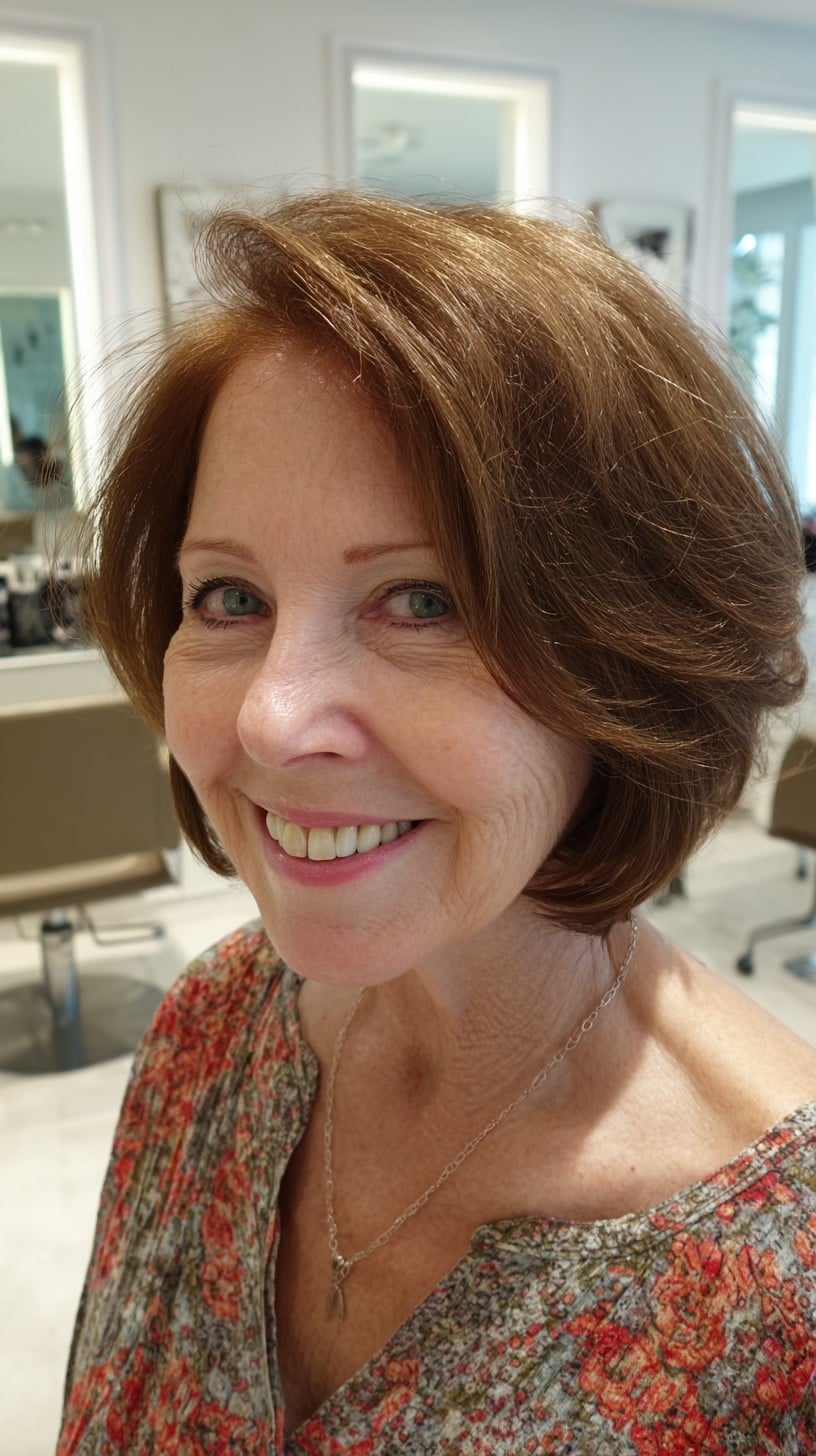 Chestnut Short Layered Bob with Lifted Crown and Soft Face‑Framing Sweep