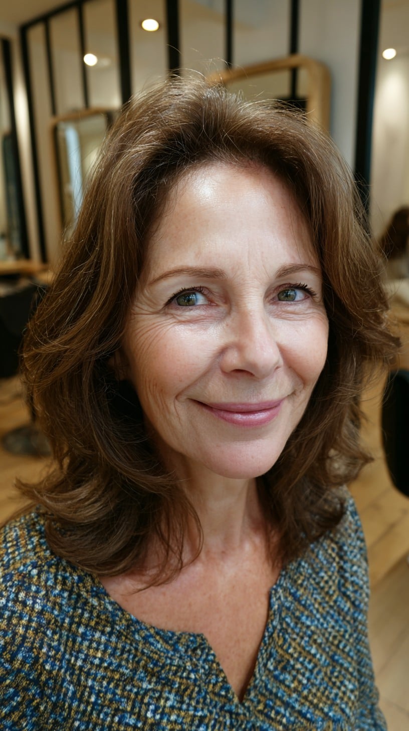 Chestnut Shoulder-Length Feathered Layers with Face-Framing Lift