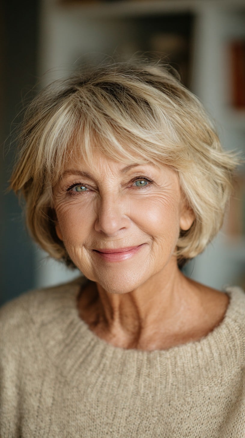 Chic Feathered Chin-Length Bob with Stacked Back and Silver Roots