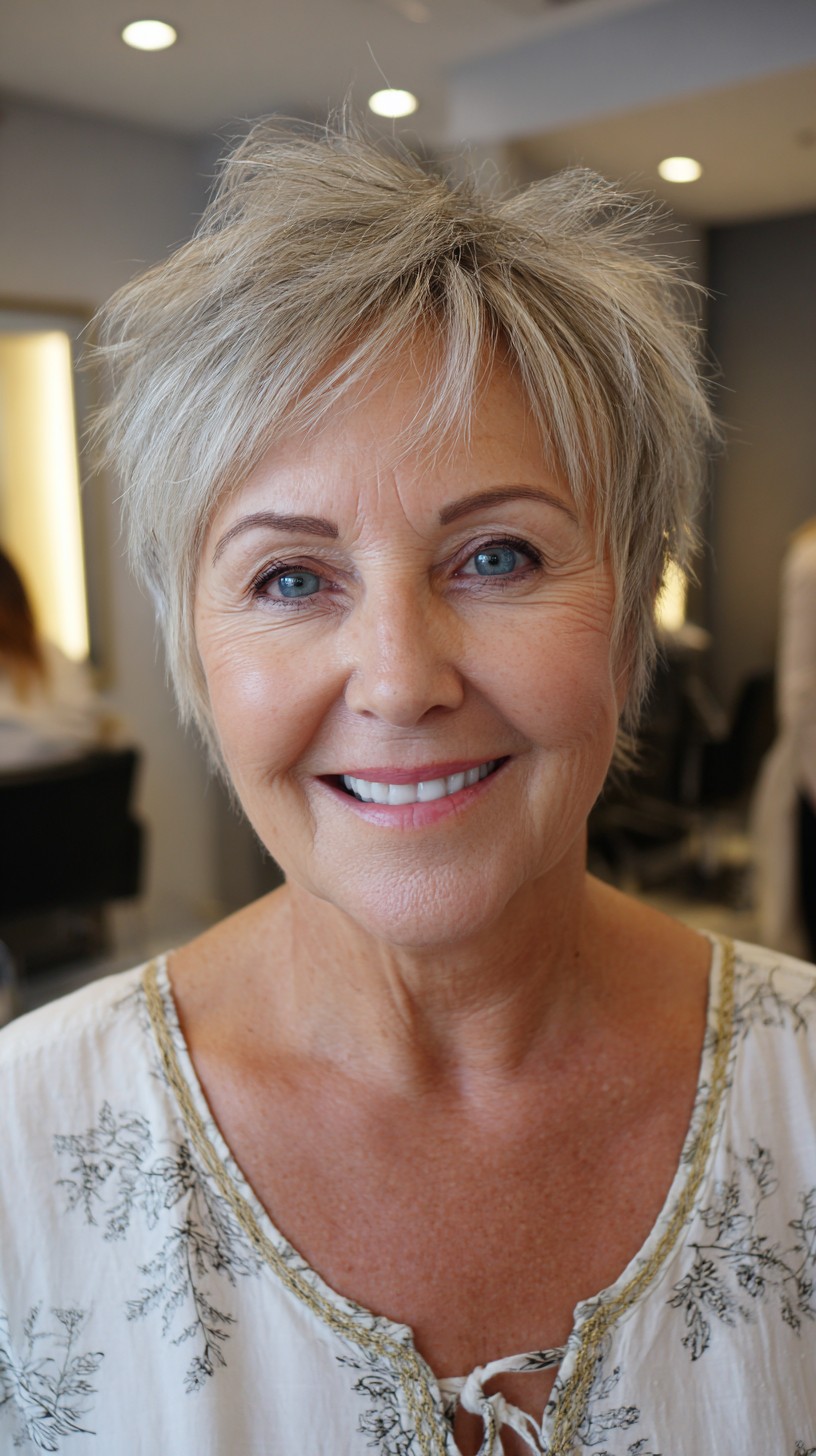 Choppy Platinum Pixie with Feathered Fringe and Root Shadow