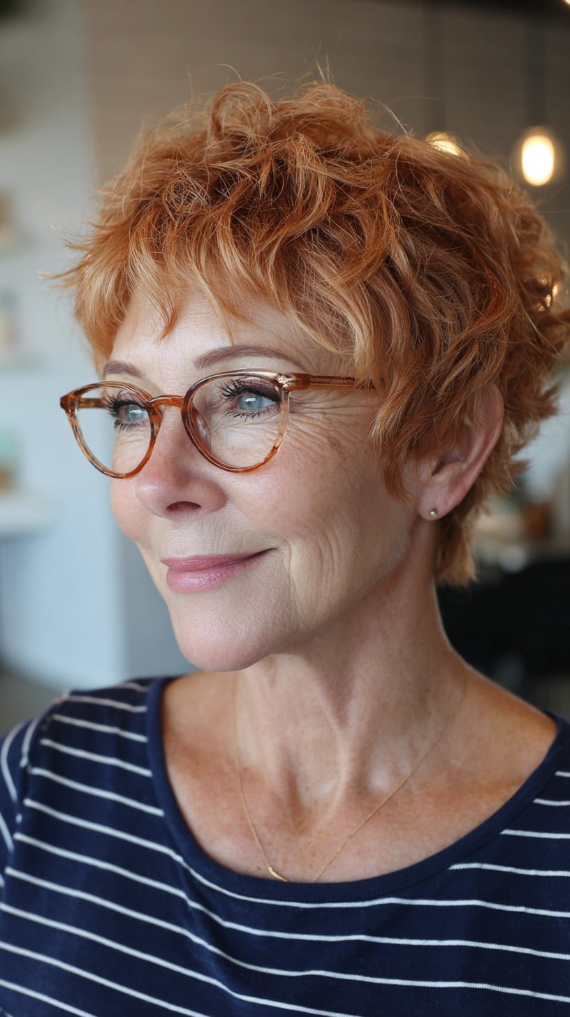 Copper Shaggy Pixie with Glasses-Friendly Mini Fringe