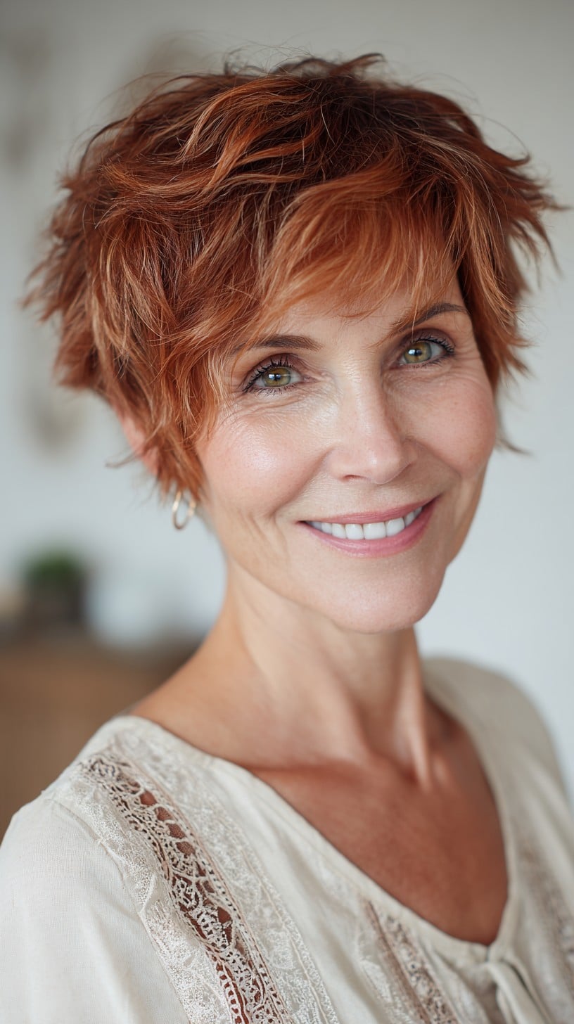 Copper Textured Shaggy Pixie with Piecey Face‑Framing Fringe