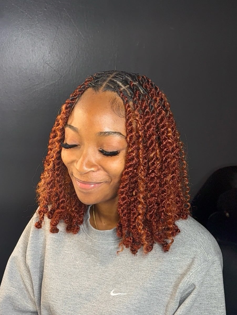 Copper-Toned Shoulder-Length Spring Twists with Defined Cornrow Parting