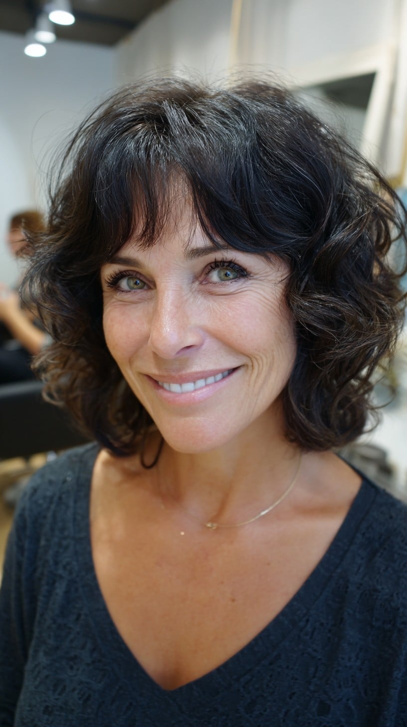 Curly Chin-Length Shag with Sheared Soft Fringe and Lifted Crown