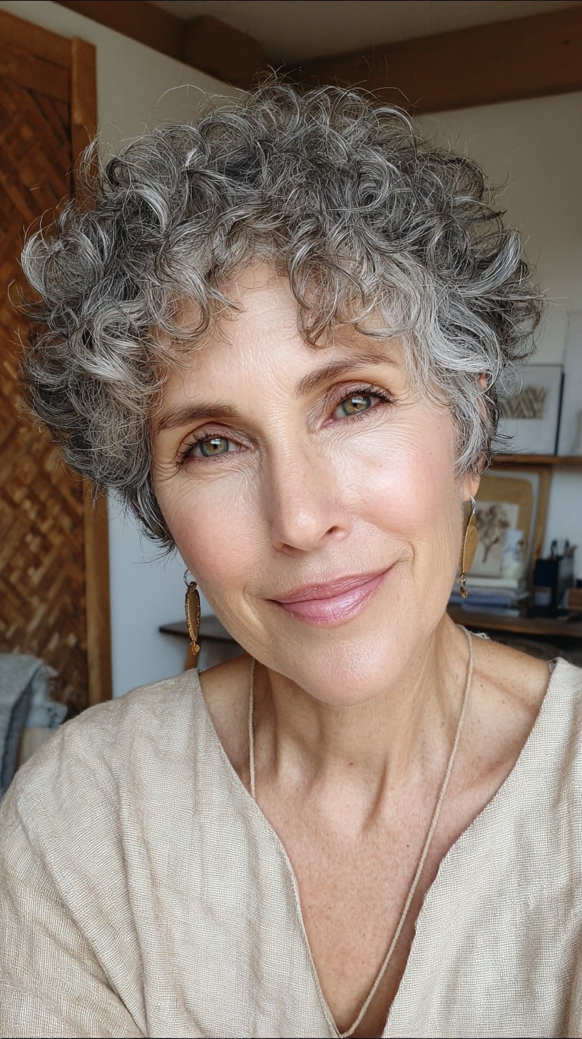 Curly Silver Textured Pixie with Natural Root Contrast