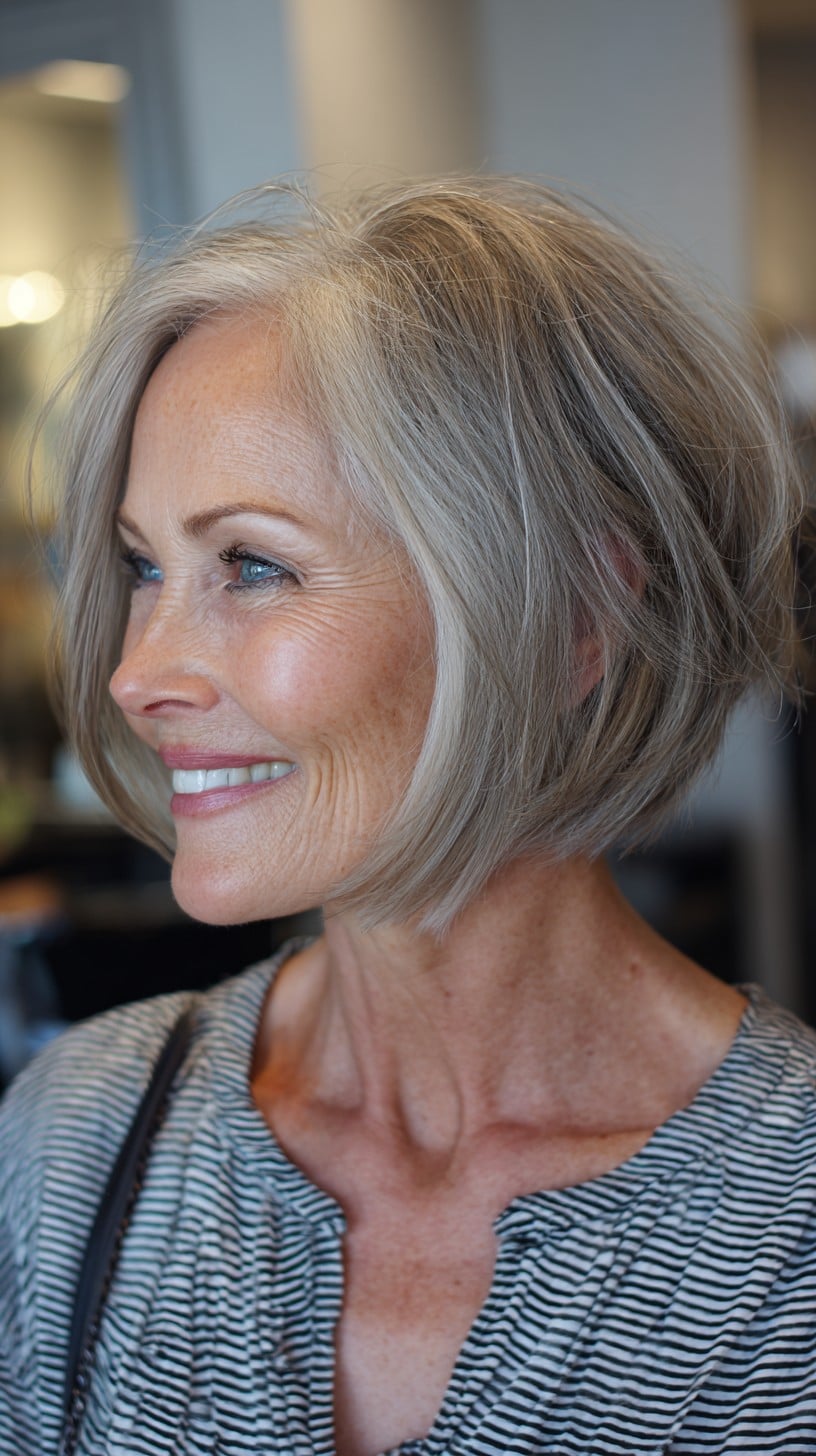 Feathered Jaw-Length Silver Bob with Side-Swept Face-Framing