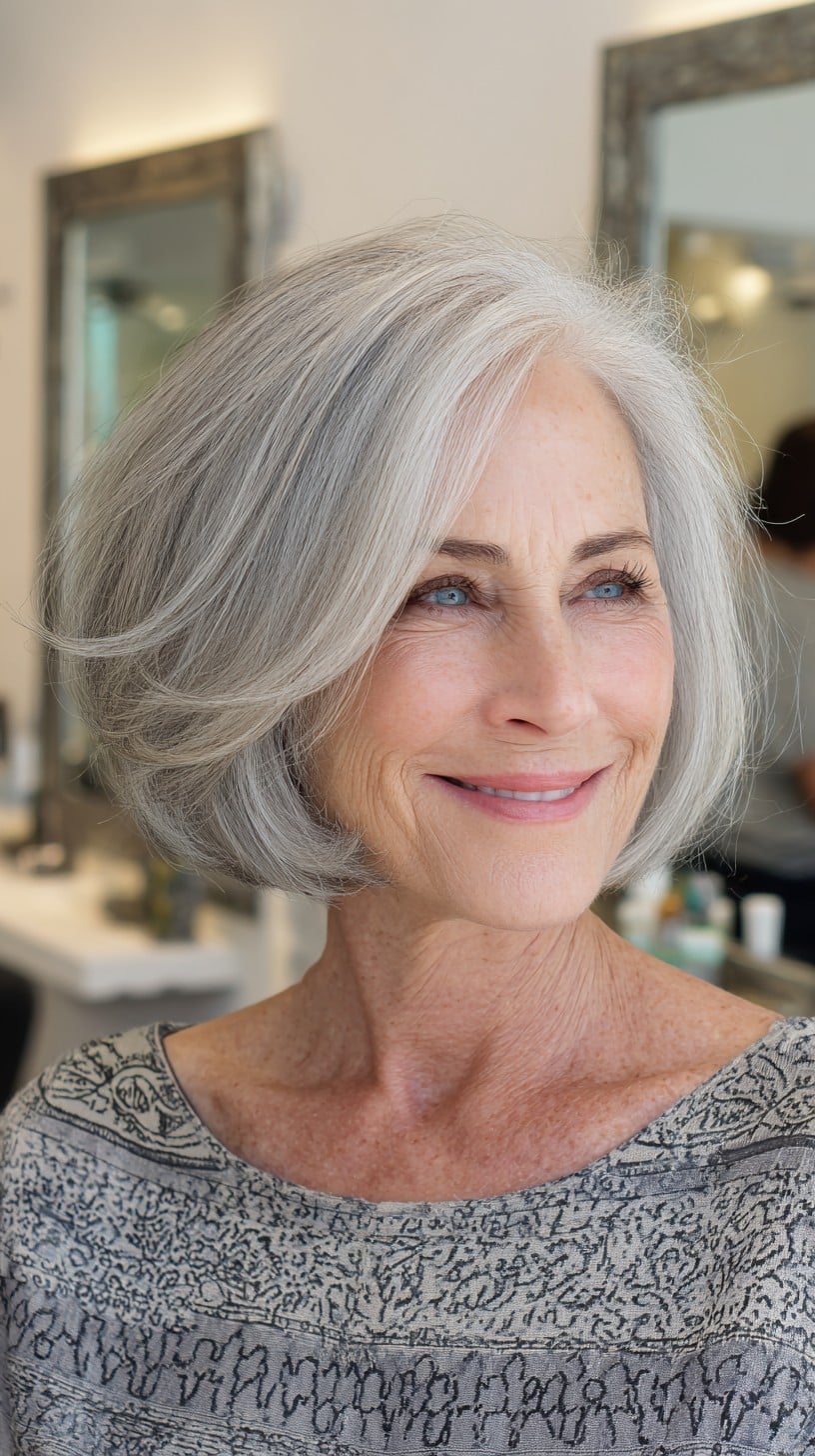 Feathered Pearl-Silver Chin-Grazing Bob with Lifted Crown and Side Pivot