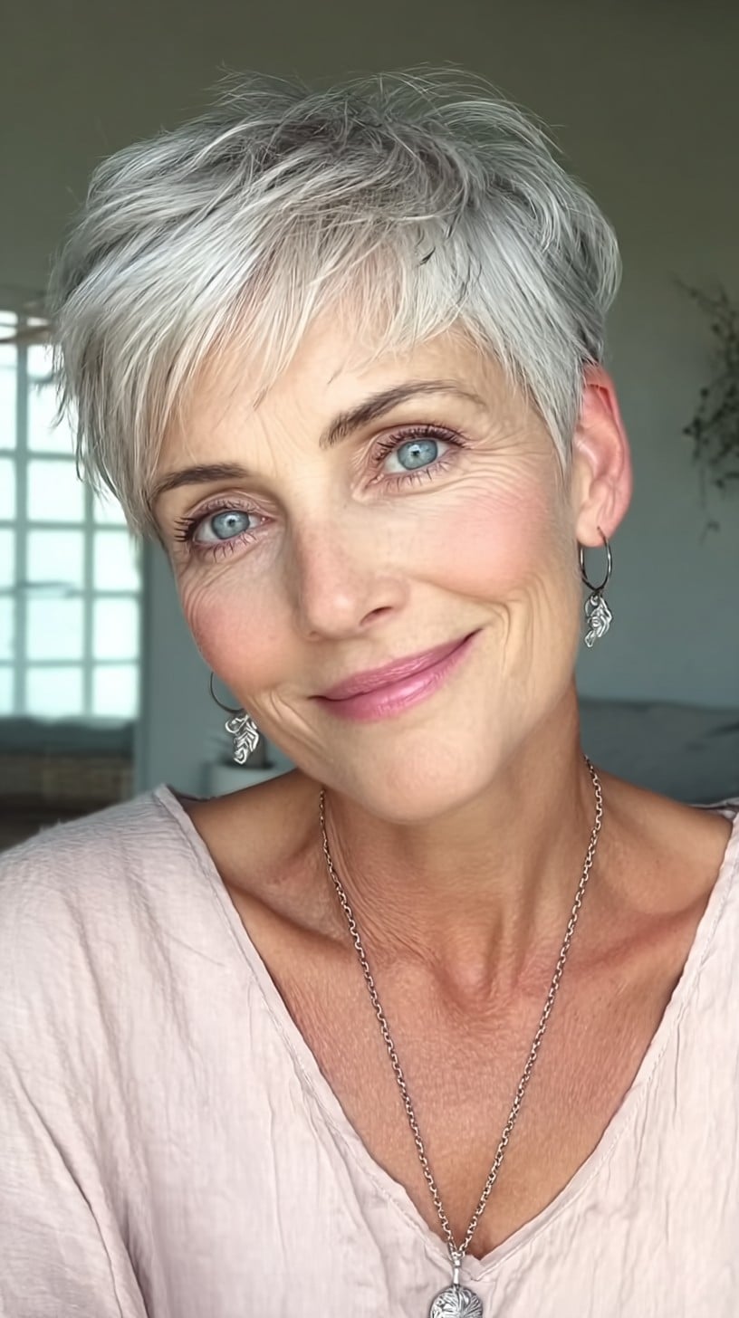 Feathered Silver Pixie with Side-Swept Micro-Fringe