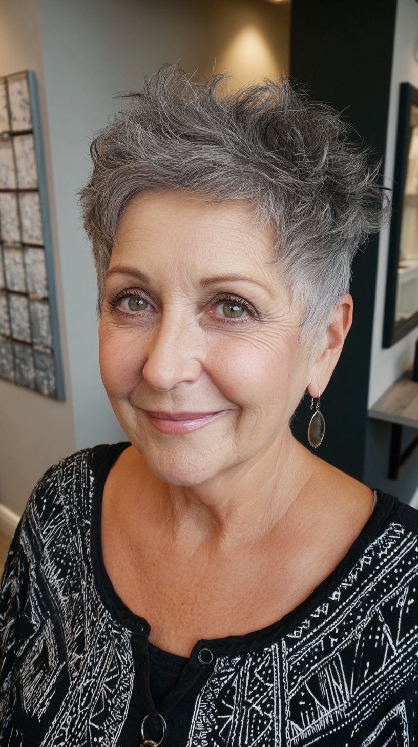 Feathered Steel-Gray Pixie with Spiky Crown and Tapered Sides