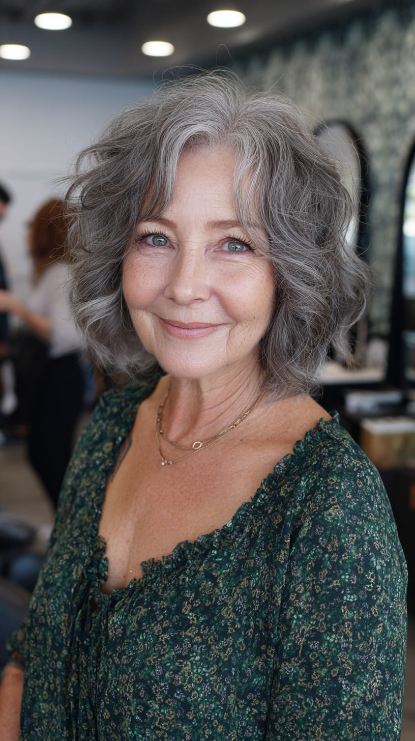 Gentle Silver Shag Bob with Root Shadow and Feathered Waves