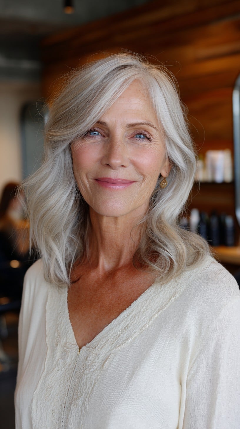 Gentle Silver Waves with Side-Swept Face Frame