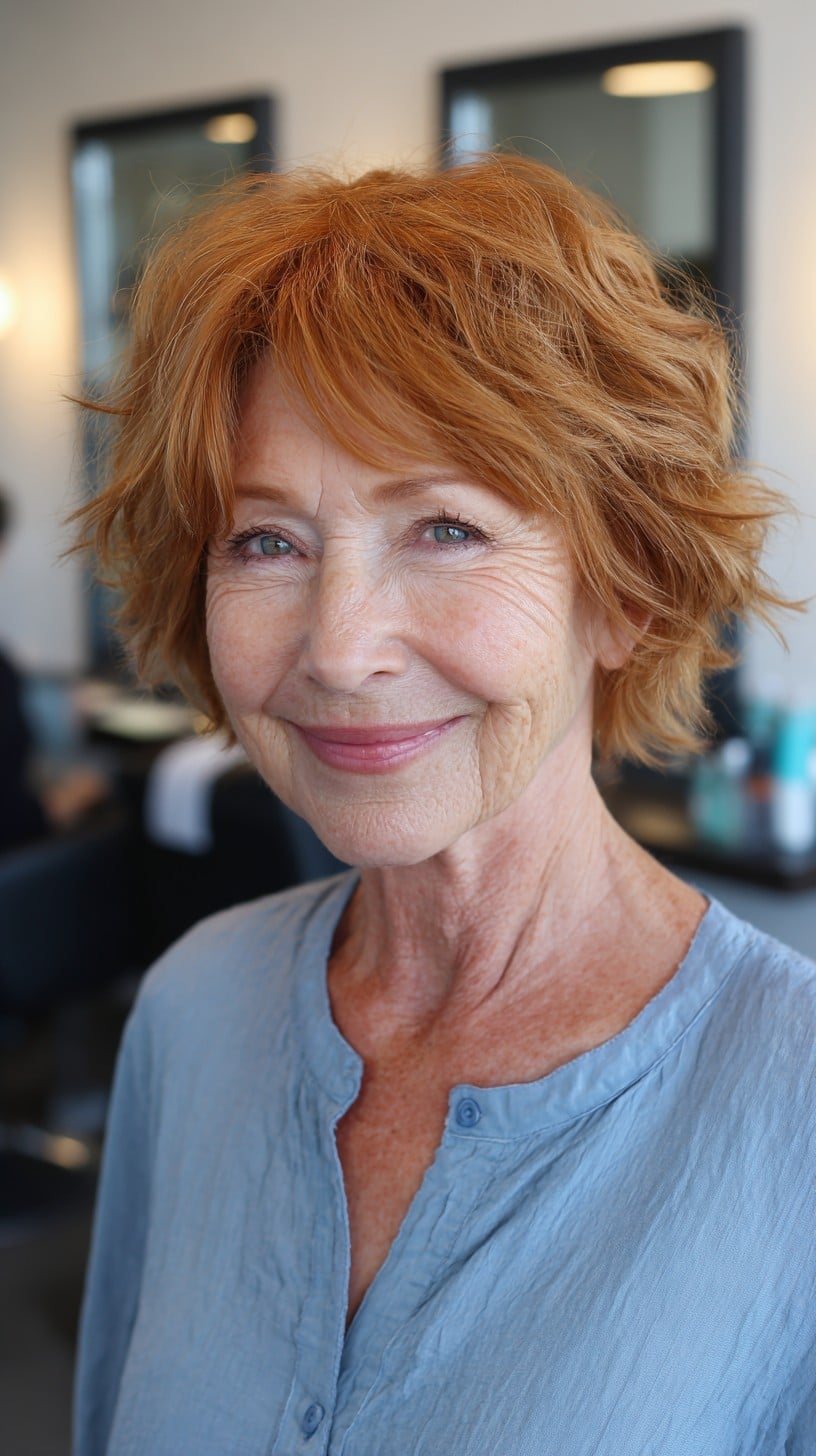 Ginger Feathered Shag Bob with Crown Lift and Wispy Side Fringe
