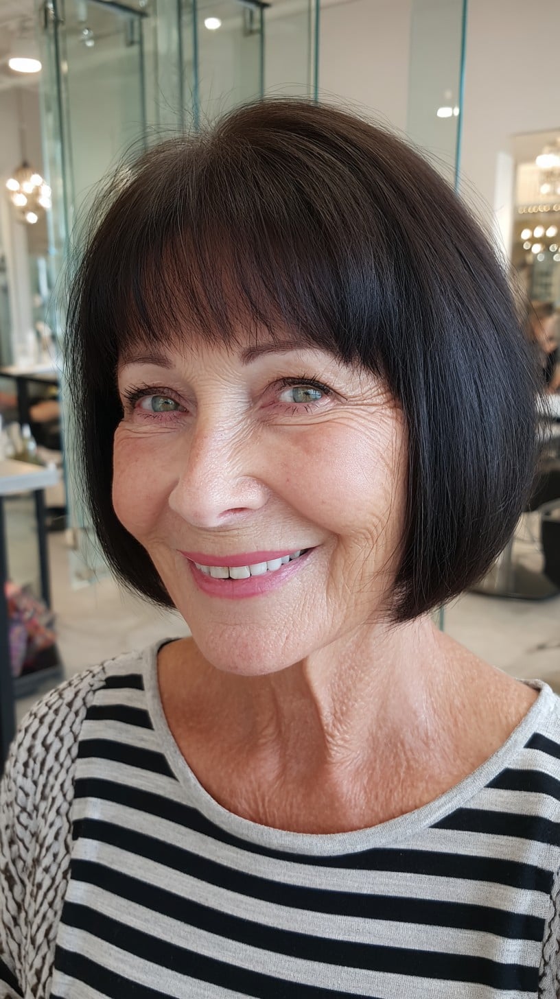 Glossy Brunette Chin-Grazing Blunt Bob with Short Wispy Baby Bangs