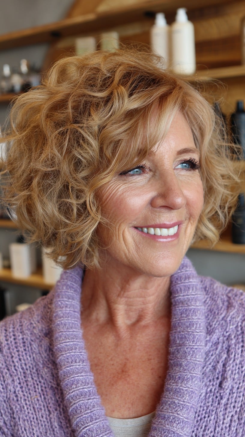 Golden Curly Shag Bob with Face-Framing Micro Layers