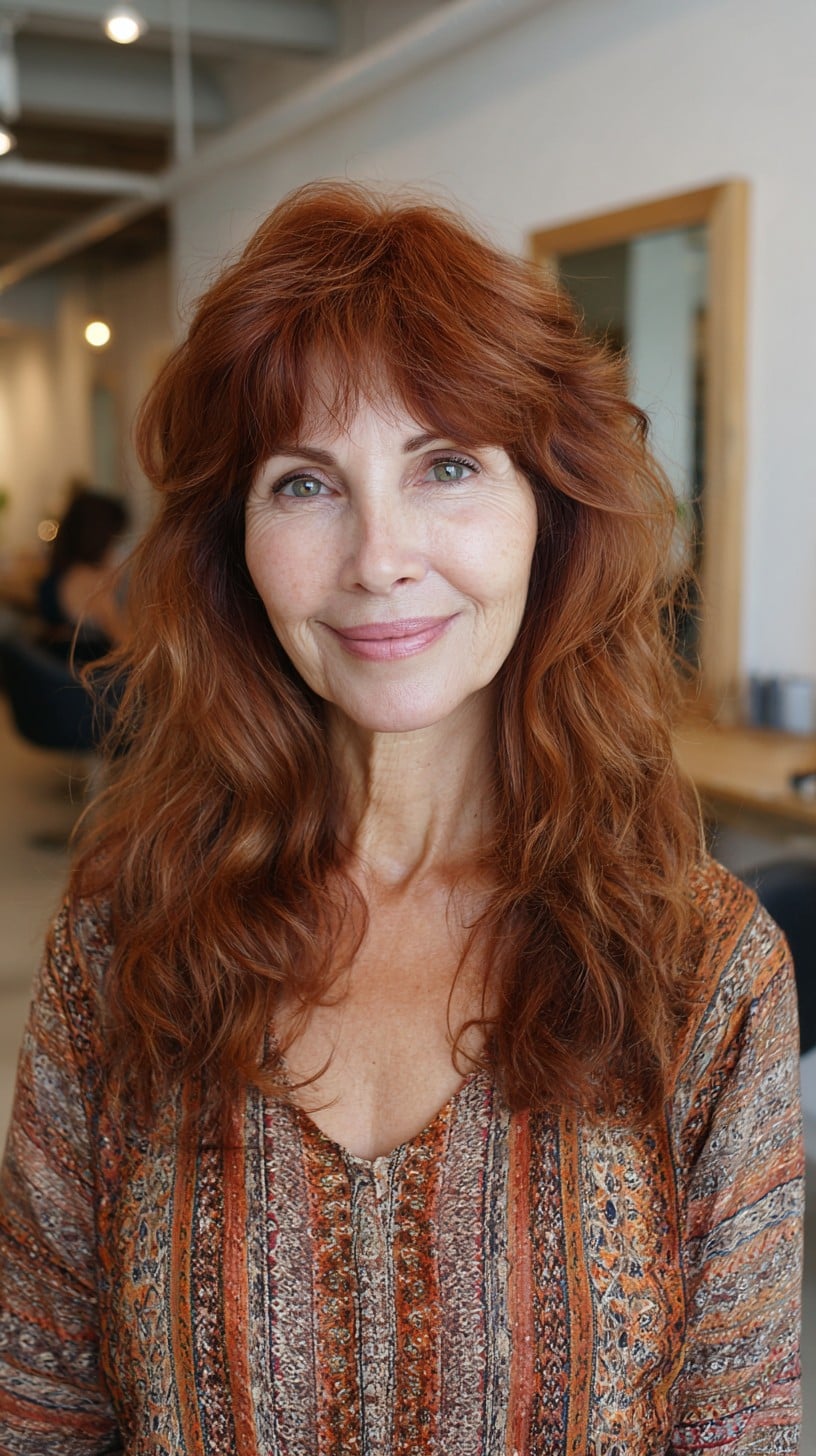 Long Copper Shag with Soft Face-Framing Fringe