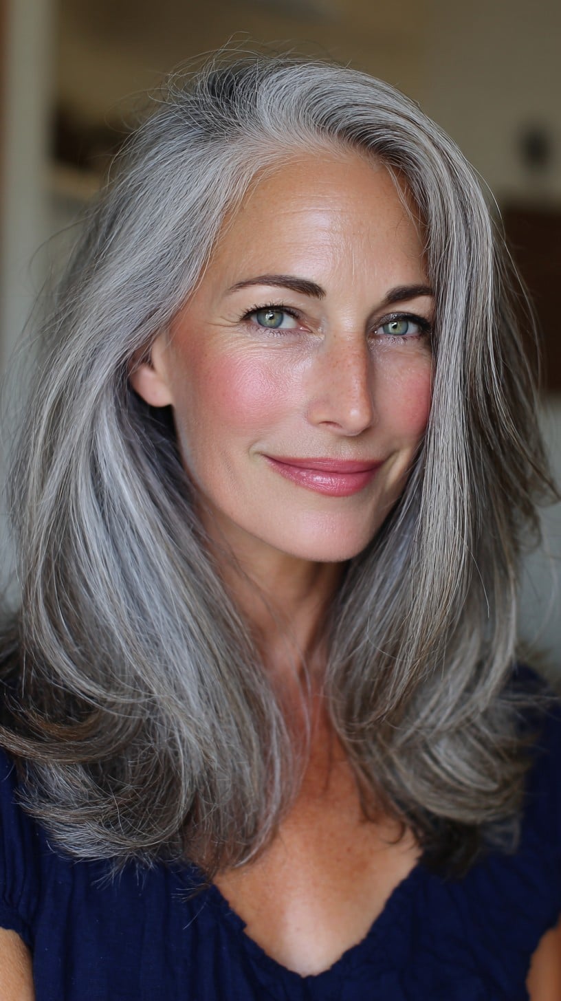 Long Silvery Layers with Face-Framing Curtain and Rounded Blowout