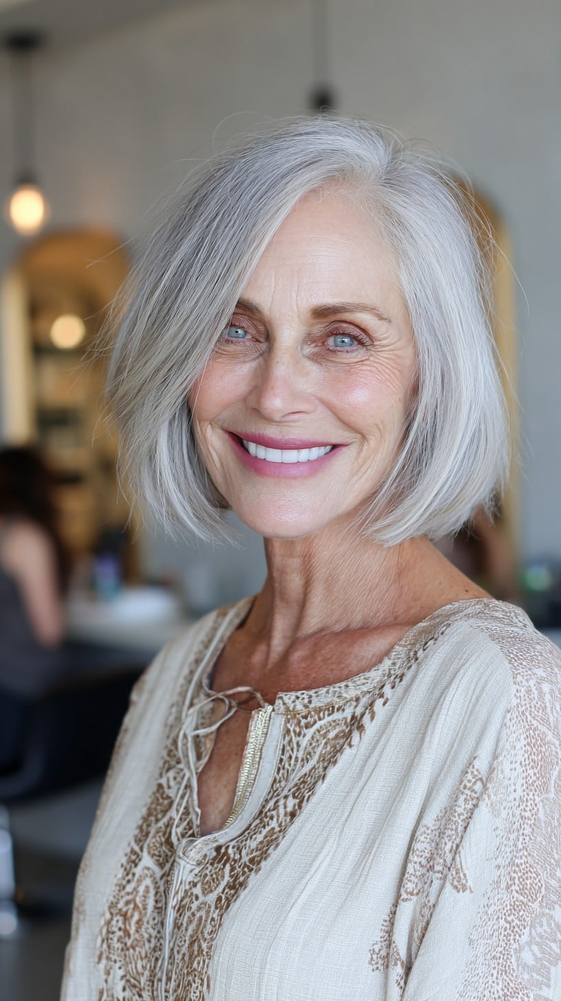 Modern Silver Angled Bob with Sweeping Side Lengths