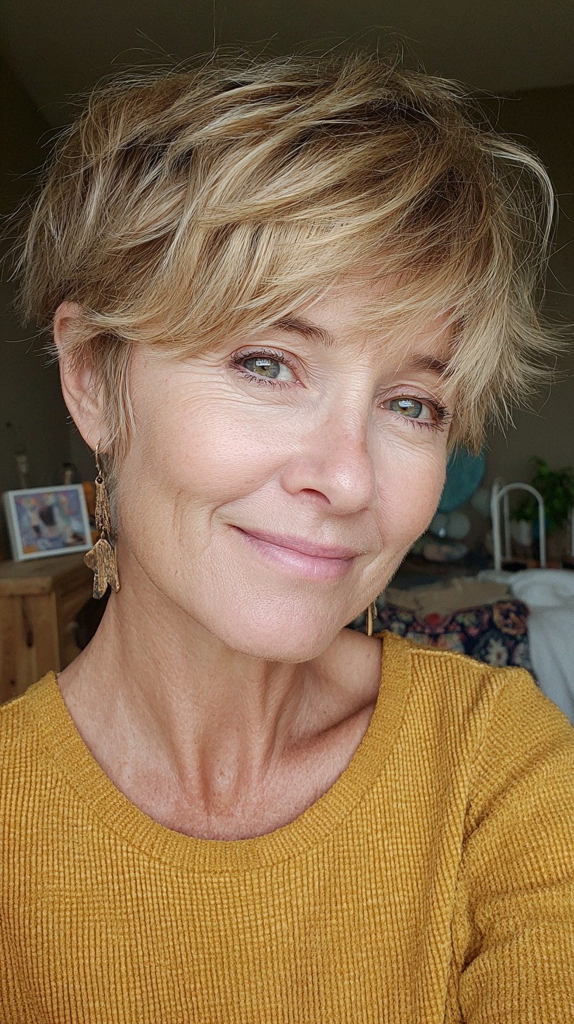 Piecey Sunlit Blonde Shaggy Pixie with Lifted Crown
