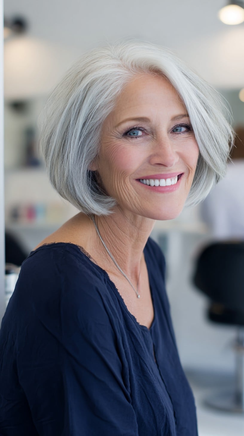 Polished Silver Chin-Length Bob with Interior Stacking and Side-Swept Fringe