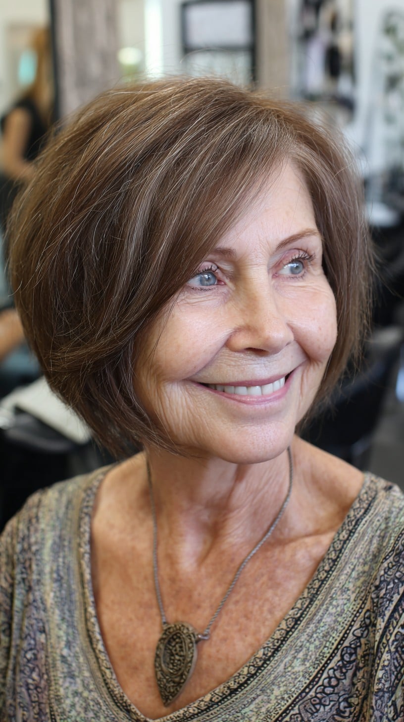 Rounded Ash-Bronze Layered Bob with Side-Swept Face-Framing Fringe