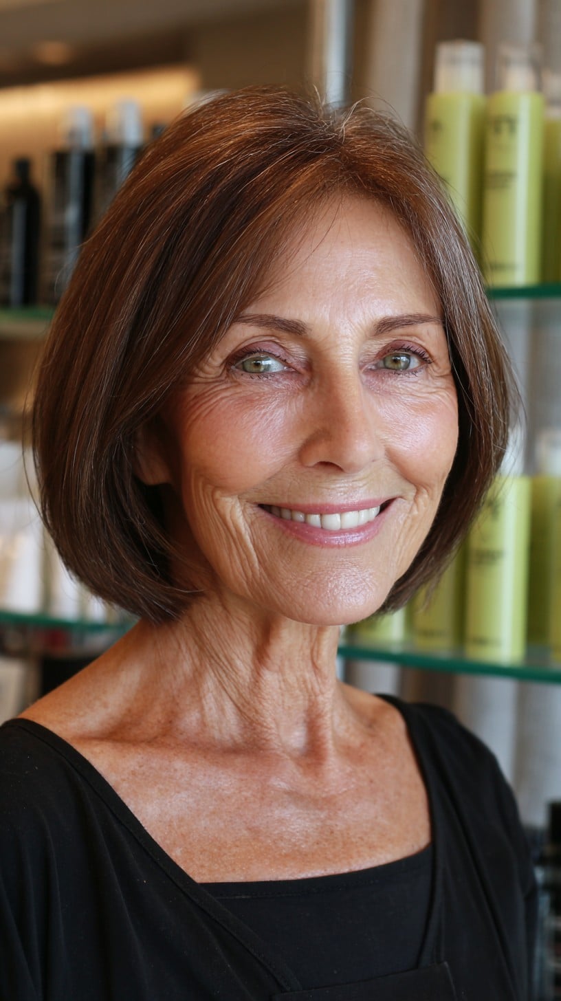 Rounded Jaw-Grazing Chestnut Bob with Soft Side Part and Silver Peek