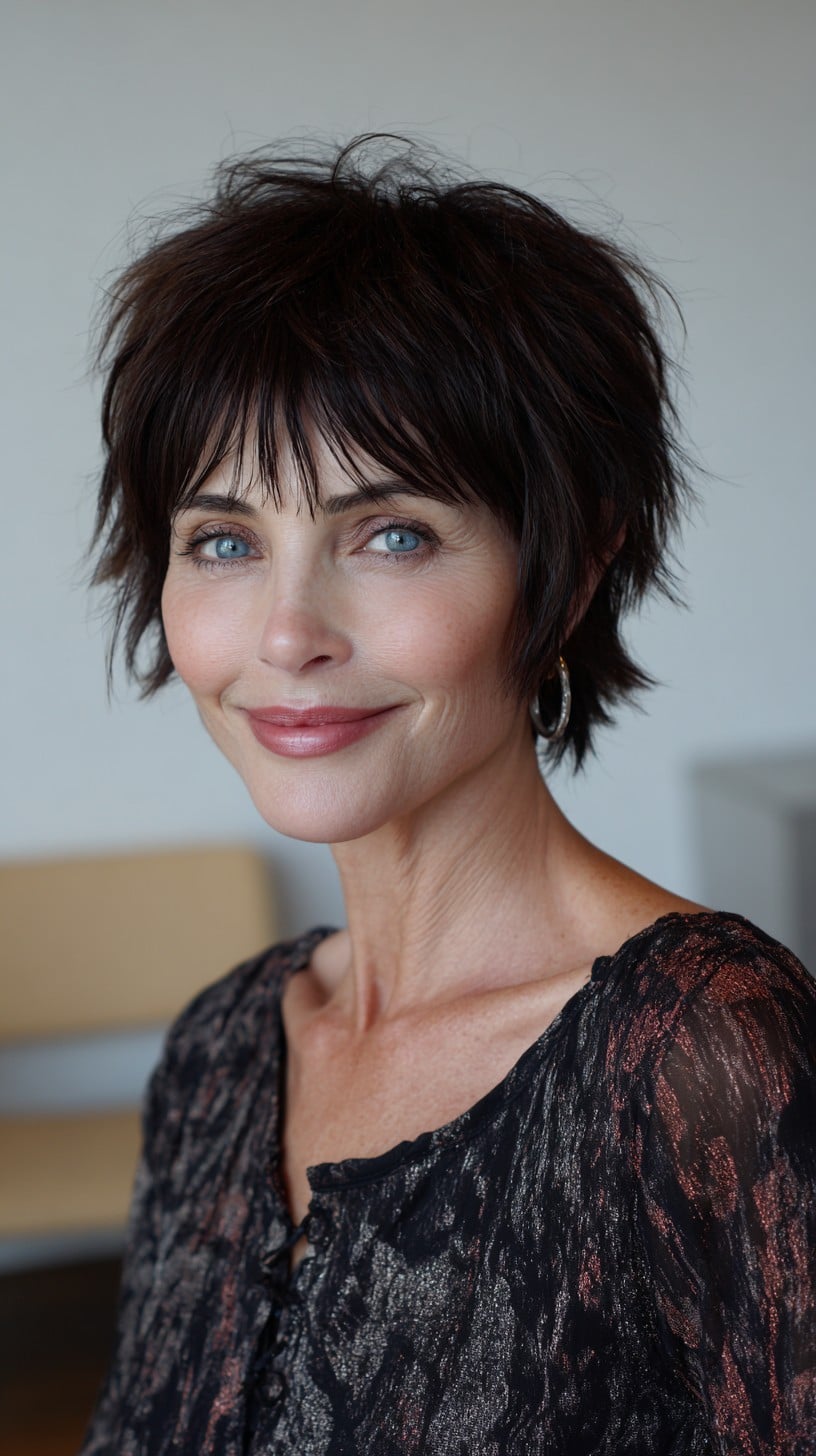 Short Chocolate Textured Pixie Shag with Wispy Micro-Bangs
