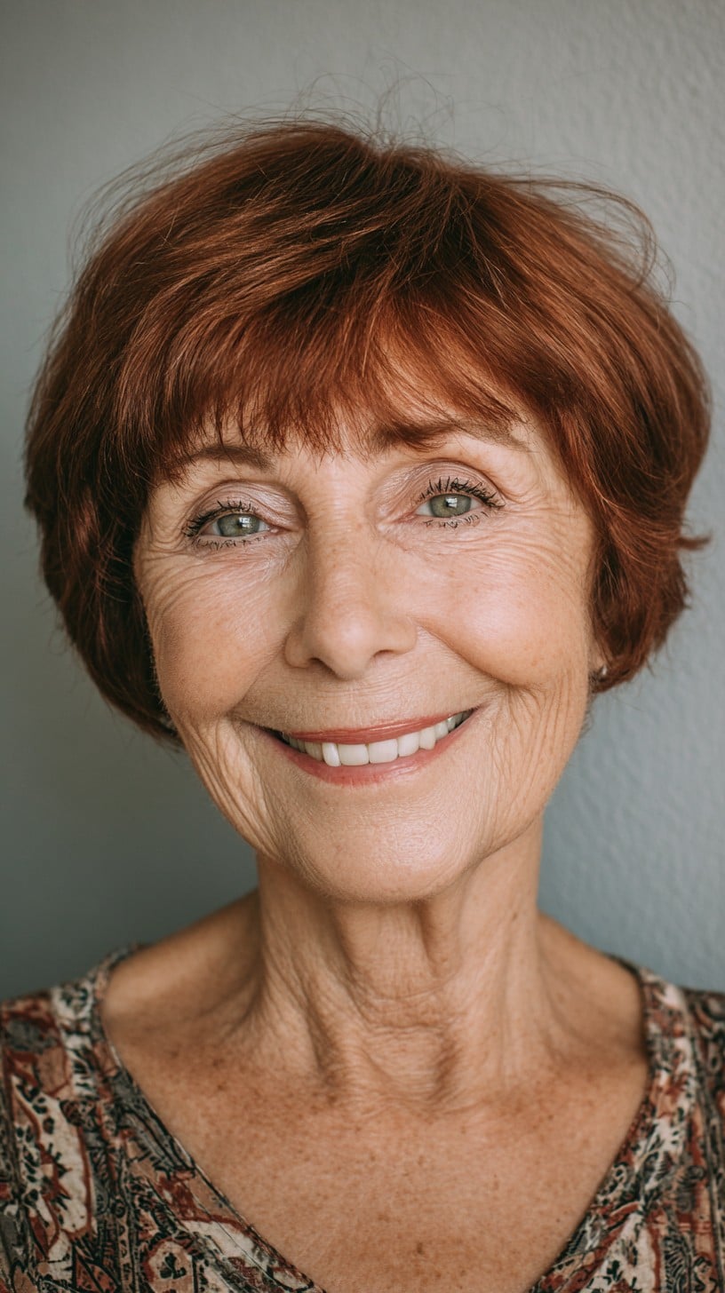 Short Layered Copper Crop with Micro-Bangs and Crown Lift