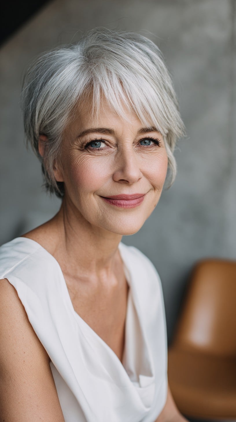 Short Layered Silver Pixie with Side-Swept Fringe and Crown Lift
