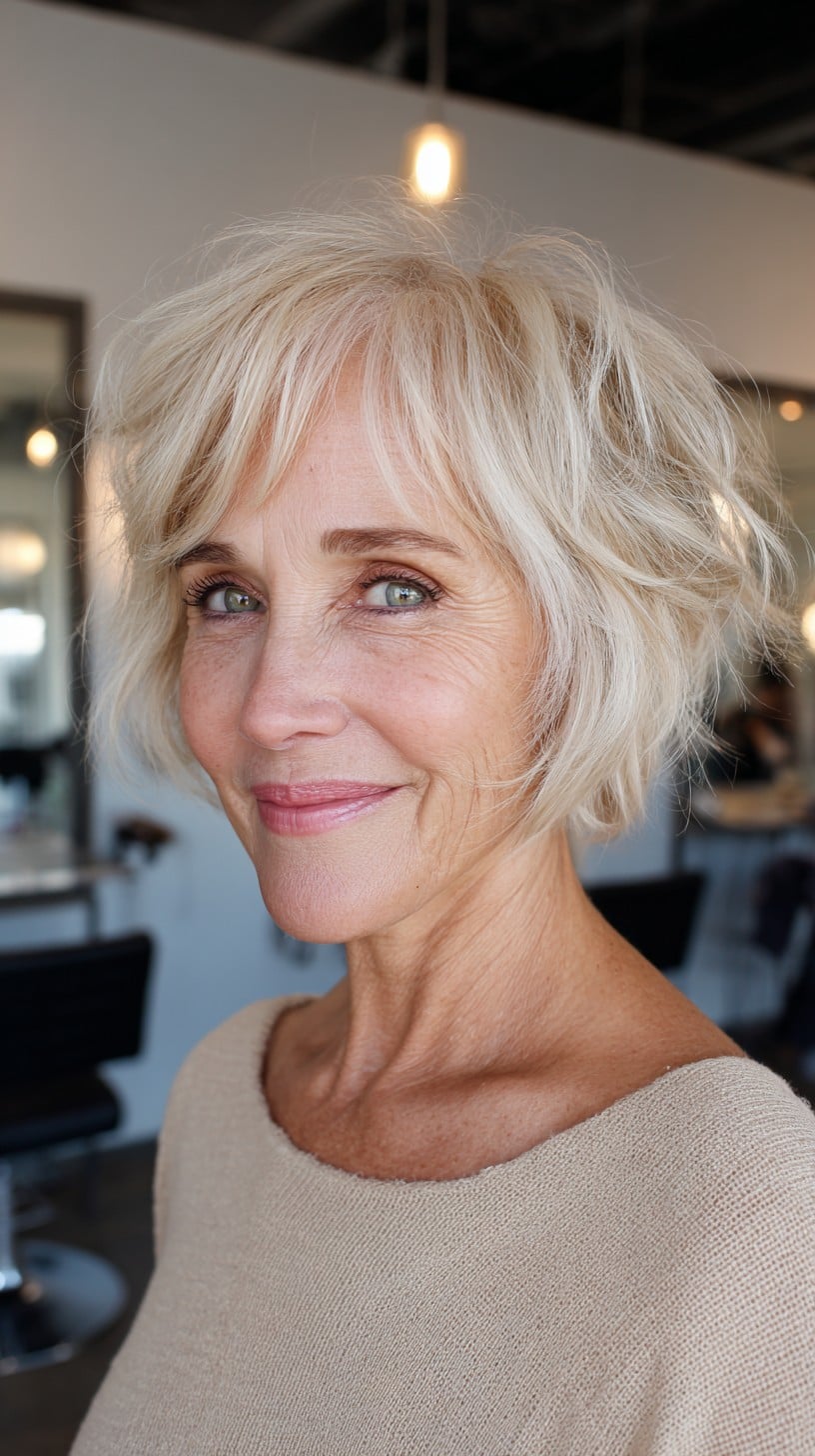Short Platinum Feathered Shag Bob with Wispy Curtain Fringe