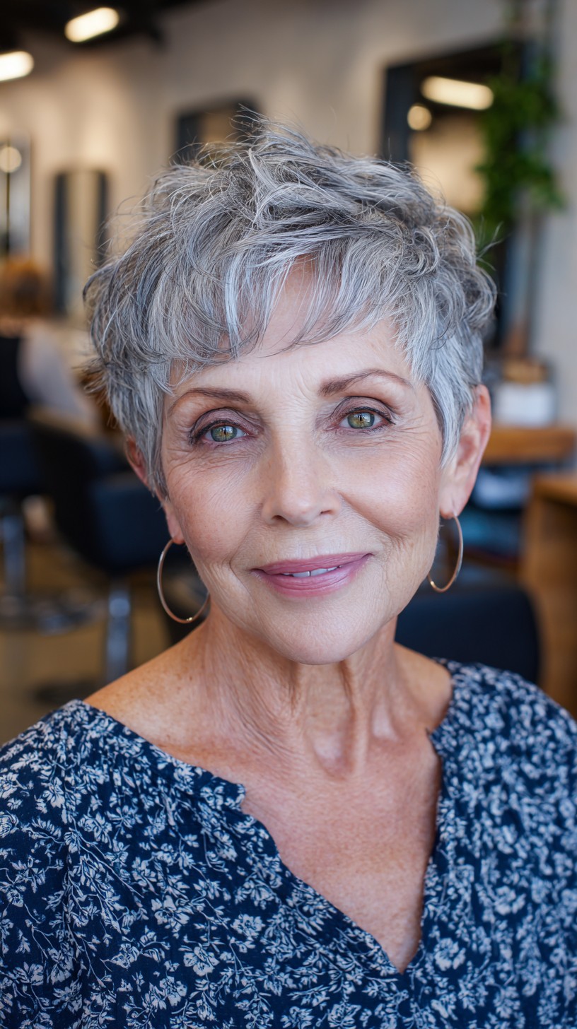 Short Salt-and-Pepper Textured Pixie with Wispy Fringe