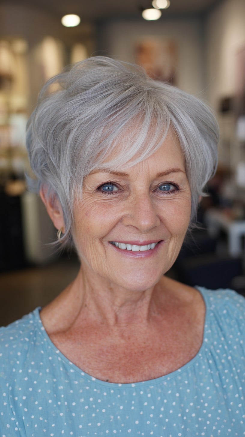 Short Silver Layered Pixie with Whispered Side Fringe