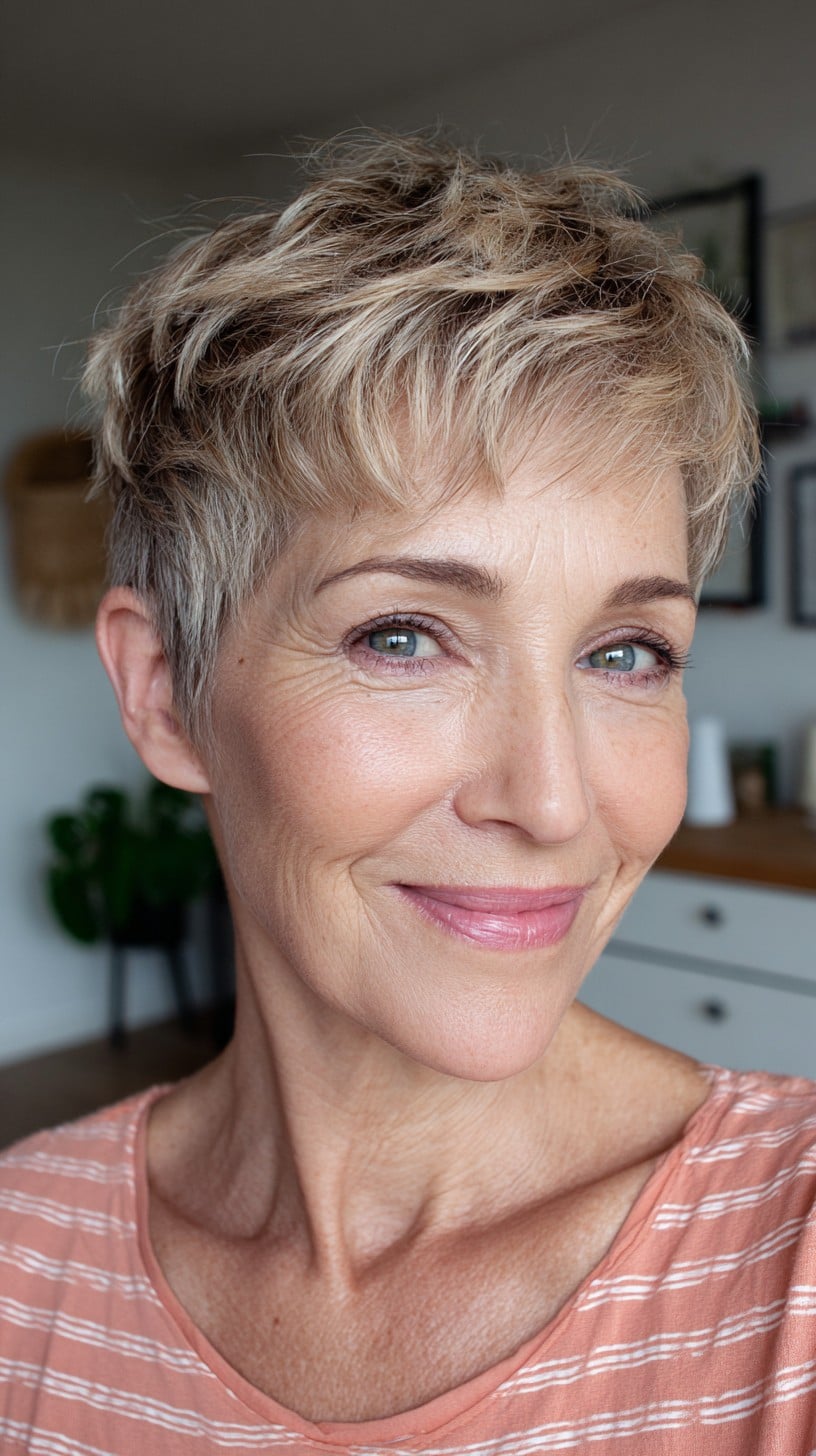 Short Sun-Kissed Layered Pixie with Piecey Textured Top