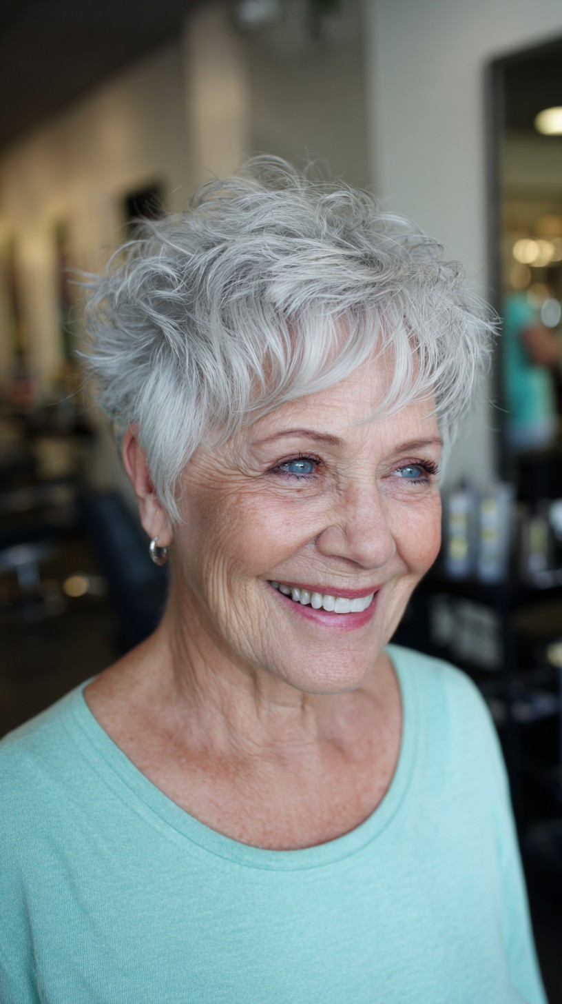 Short Textured Silver Pixie with Scalloped Fringe