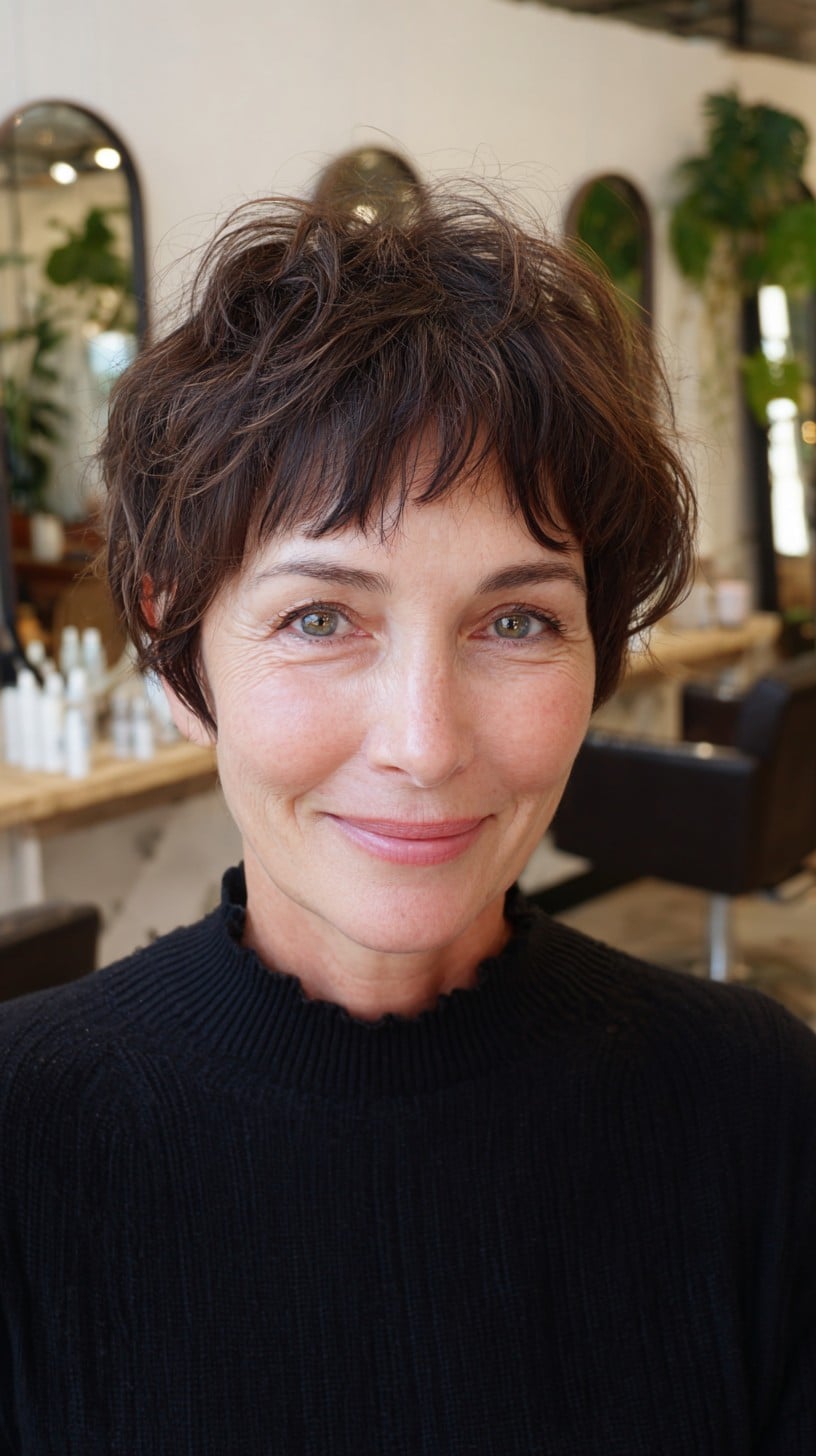 Short Tousled Pixie with Micro Fringe and Crown Texture