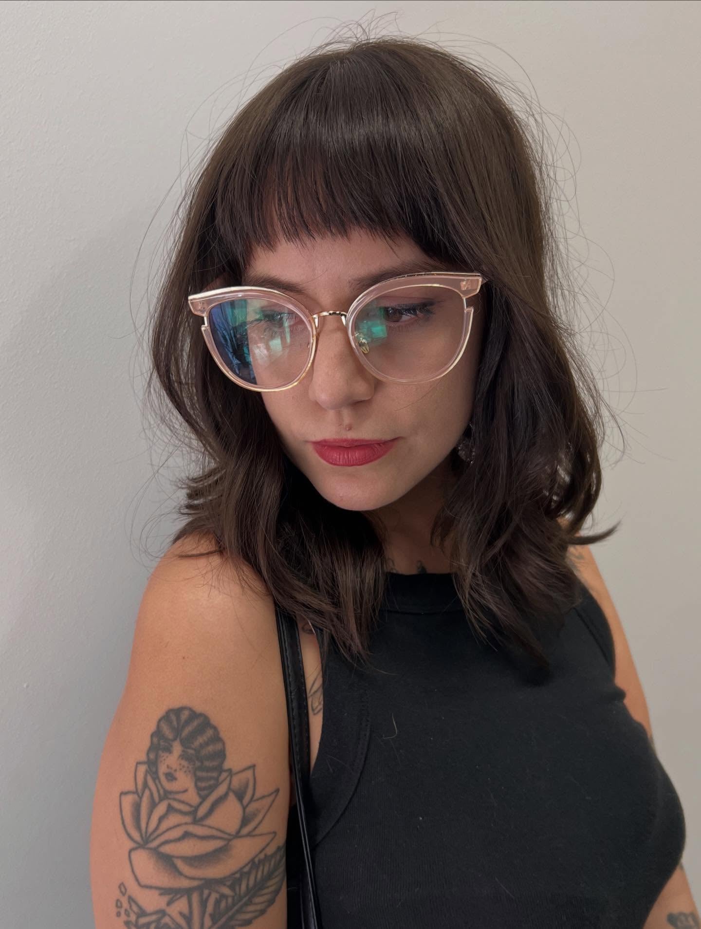Shoulder-Grazing Layered Cut with Blunt Micro Fringe and Glasses-Friendly Shape