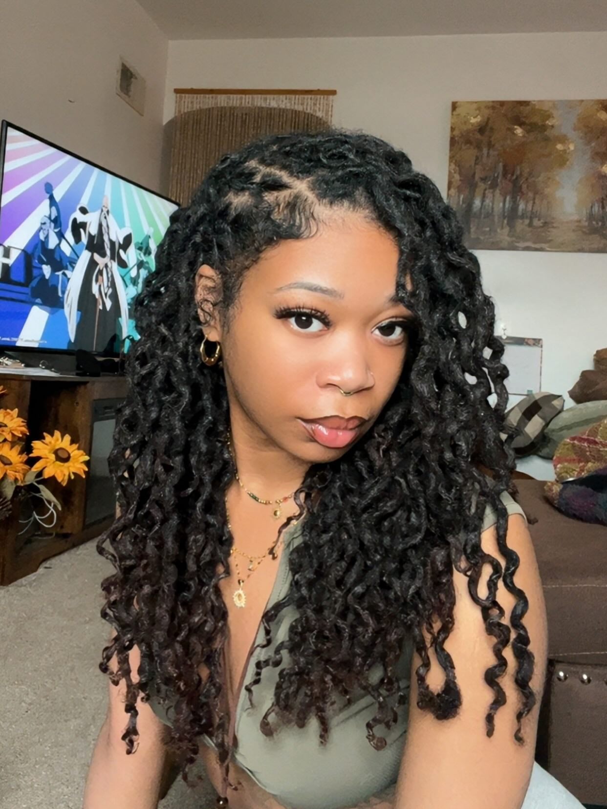 Side-Parted Goddess Locs with Springy Corkscrew Ends