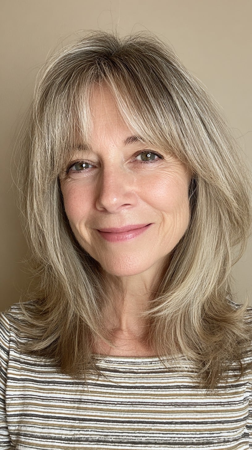 Silver-Bronde Feathered Shoulder-Length with Curtain Bangs