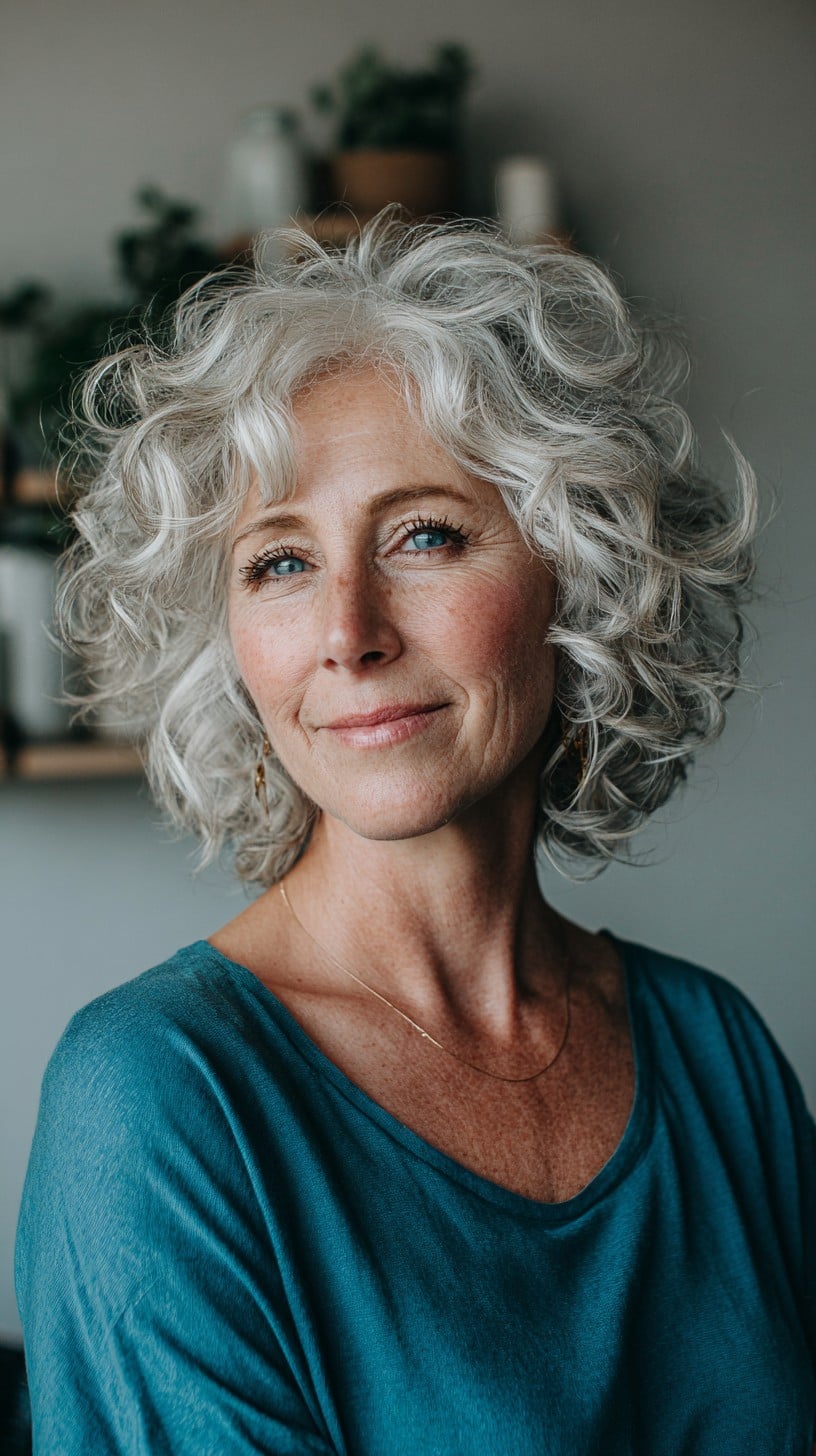 Silver Curly Layered Bob with Crown Whorl Lift