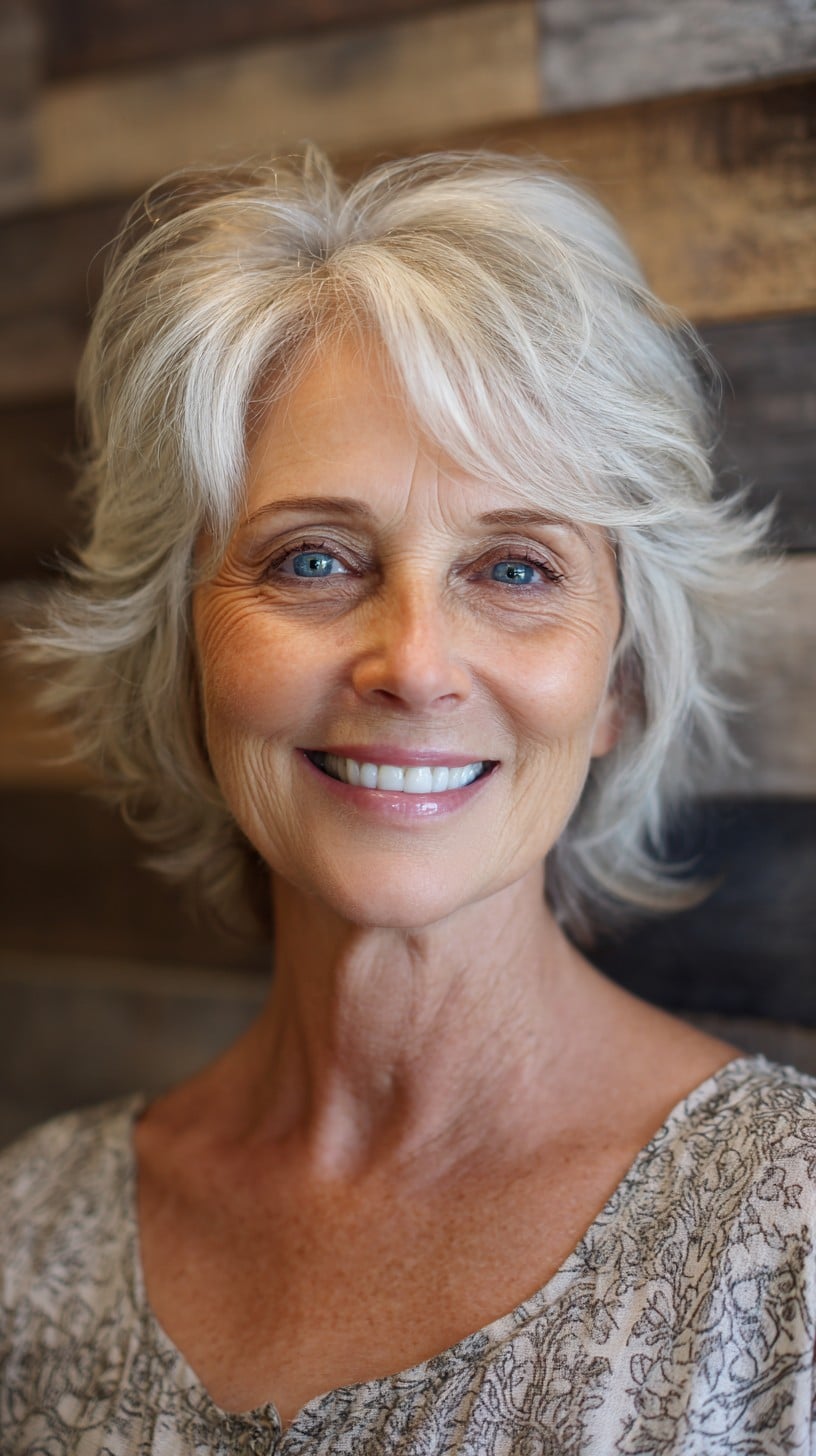 Silver Feathered Bob with Side-Swept Face-Framing Layers and Lifted Crown