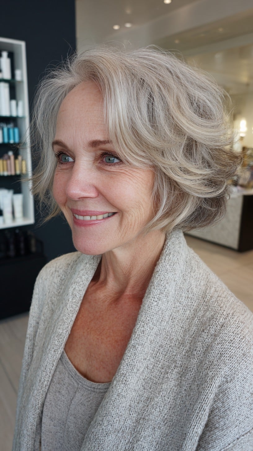 Silver Feathered Shag Bob with Swooped Face-Framing Layers