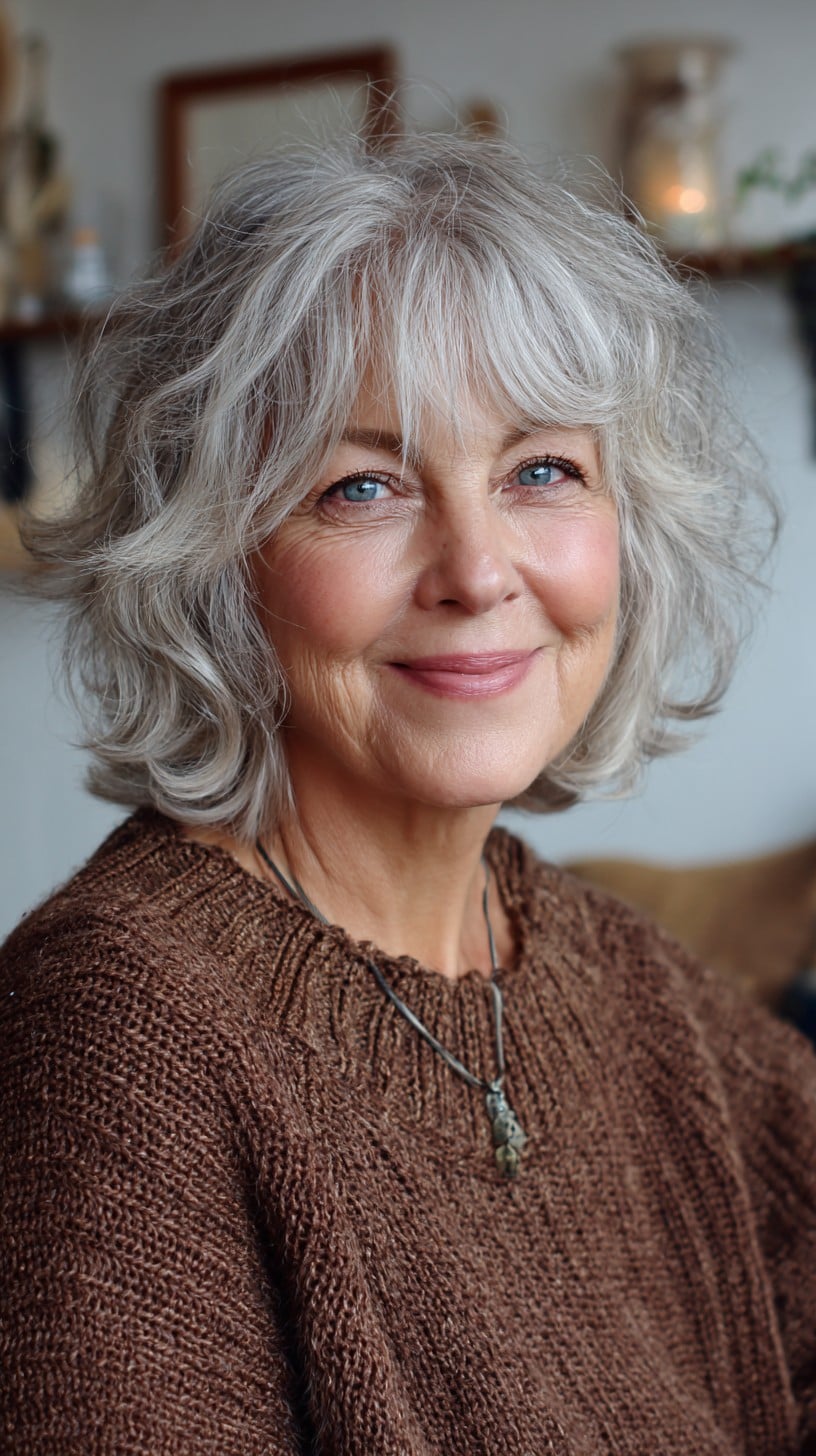 Silver Layered Shag Bob with Wispy Curtain Bangs