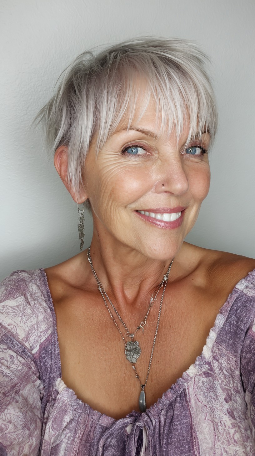 Silver Micro Pixie with Feathered Side-Swept Fringe and Tapered Nape