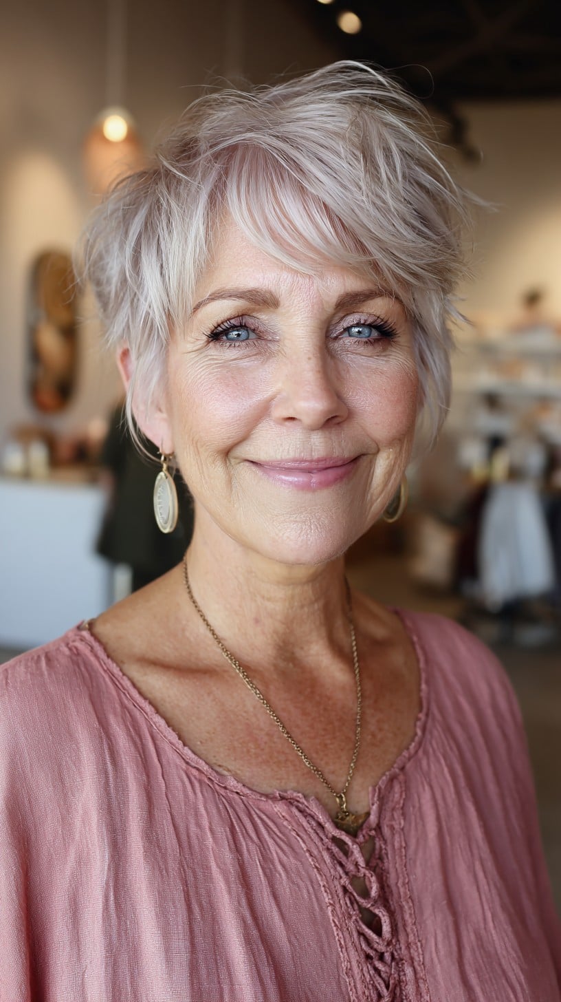 Silver Rose-Tinted Shaggy Pixie with Long Feathered Side Fringe