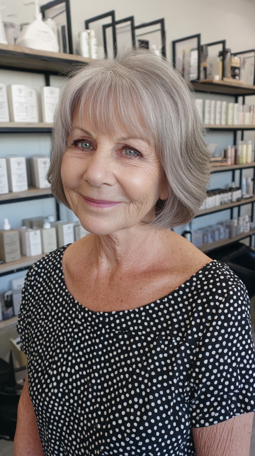 Silver Rounded Chin-Length Bob with Wispy Fringe and Interior Graduation