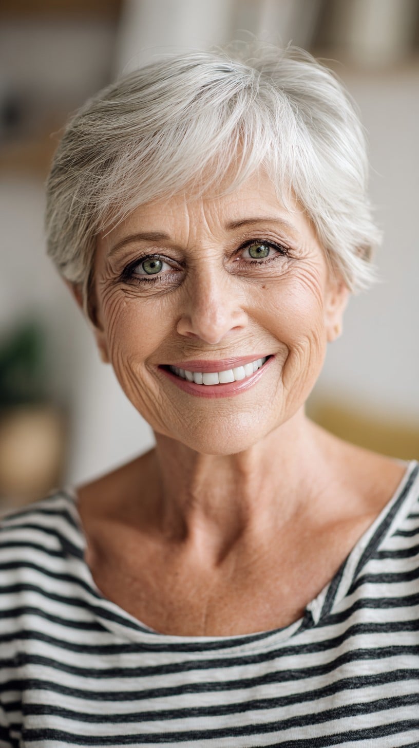Silver Textured Pixie with Feathered Side Fringe and Soft Crown Lift