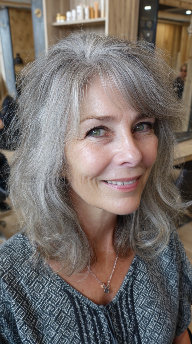 Silver-Textured Shoulder-Length with Wind-Swept Fringe