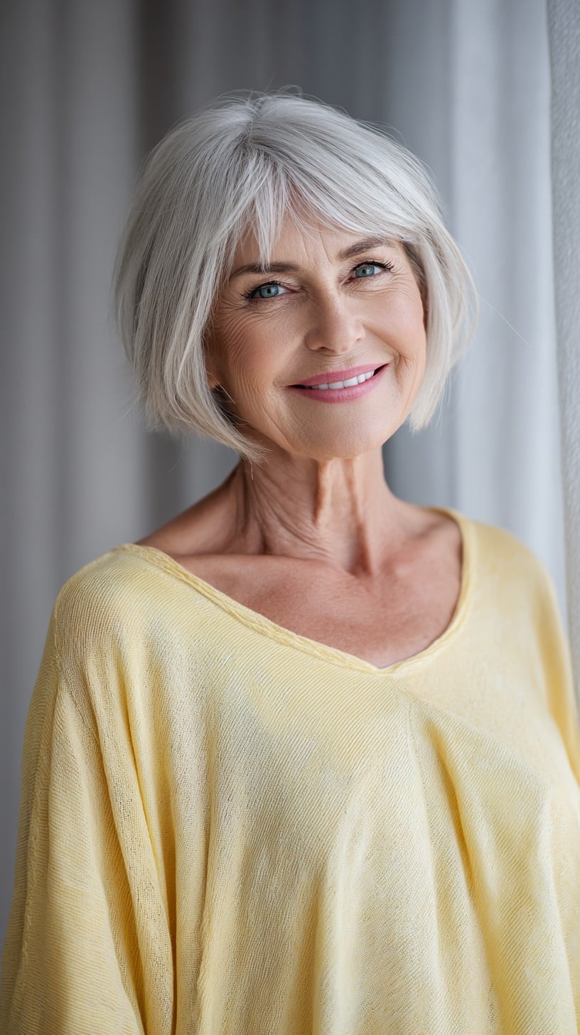Silver-White Jaw-Grazing Bob with Textured Micro-Curtain Fringe
